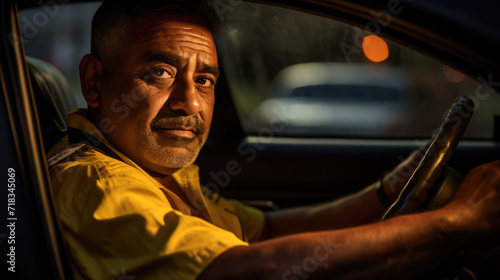 A captivating portrait photograph of a taxi driver, his features illuminated by the soft, evening light that imparts a warm and contemplative atmosphere. © Игорь Зубченко