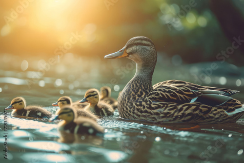 Mother duck and her ducklings in a pond. Generative AI photo