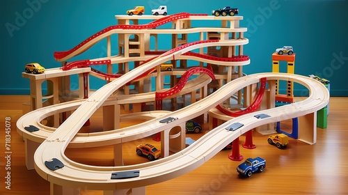  a toy train set with cars and ramps on a hard wood floor with a blue wall in the back ground.