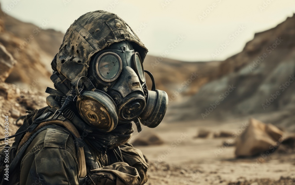 Man in gas mask in the desert Conceptual image of danger Man in gas mask in the desert Conceptual image of danger