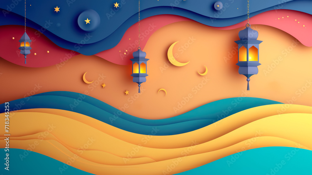 paper cut style sunset with hanging lanterns and crescent moons