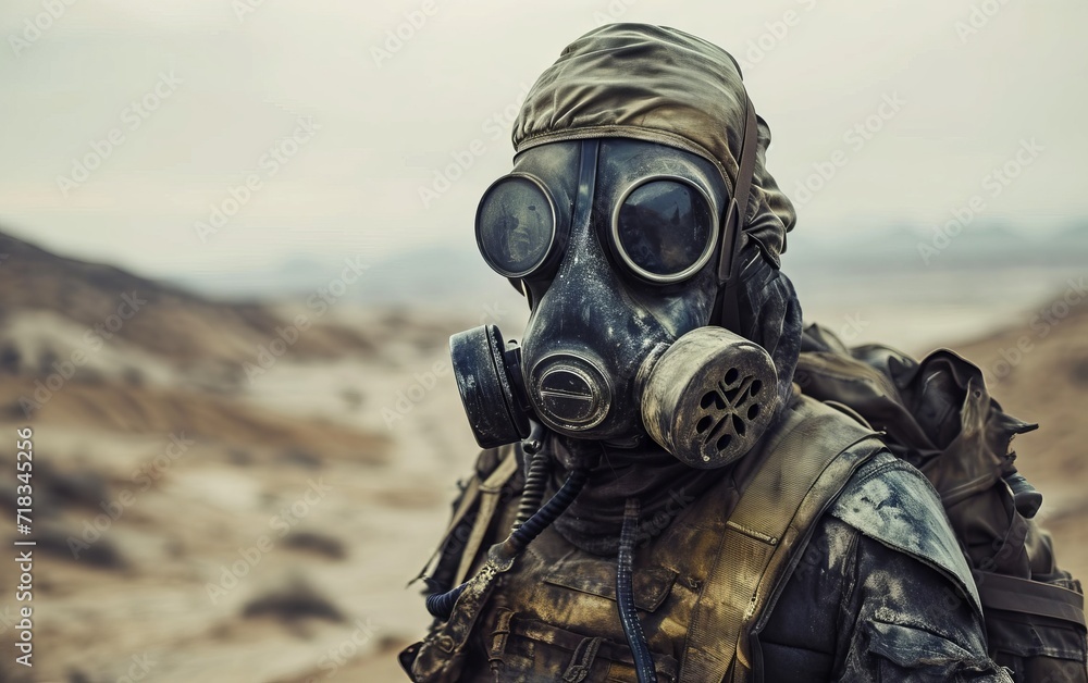 Man in gas mask in the desert Conceptual image of danger Man in gas mask in the desert Conceptual image of danger