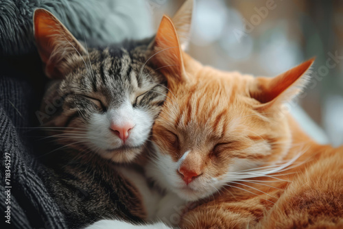 Two cats snuggling together. Two adorable kittens sleeping together close up. Generative AI © barmaleeva
