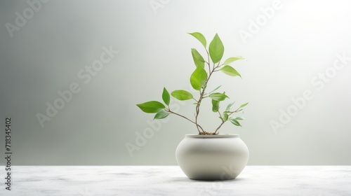  a white vase filled with a plant on top of a white table with a gray wall in the back ground.