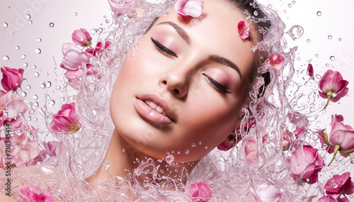 A woman with closed eyes and pink lips is in rose water beauty face product