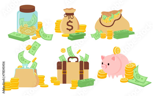 Bags, jar, wallets and piggy bank with money on white background