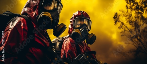 Two men in gas masks standing against red and black background with smoke