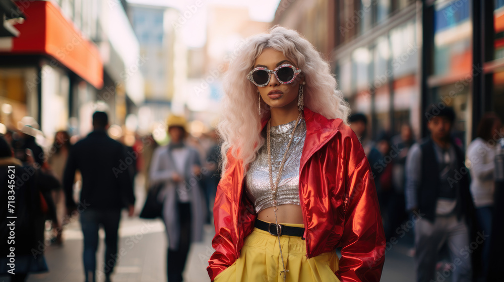 A vibrant street fashion scene in a bustling city, showcasing unique individual styles. Each outfit reflects creativity and individuality against the urban backdrop, creating a dynamic atmosphere.