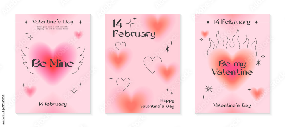Valentines Day greeting card templates in 90s style.Romantic vector illustrations in y2k aesthetic with linear shapes,blurred hearts,flame,sparkles.Modern designs for smm,invitations,prints,promos.