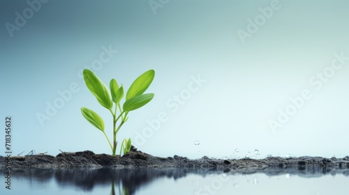  a plant sprouts out of the ground next to a body of water with a blue sky in the background.