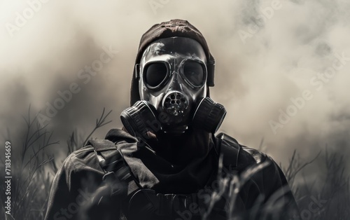 Man in gas mask and gas mask on the background of the forest.