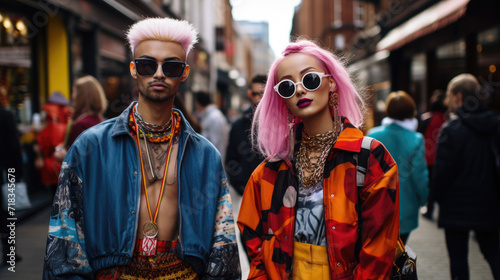 A vibrant street fashion scene in a bustling city, showcasing unique individual styles. Each outfit reflects creativity and individuality against the urban backdrop, creating a dynamic atmosphere. © Игорь Зубченко
