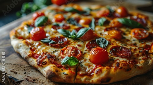 Italian pepperoni pizza with salami, mozzarella and basil on dark background. Pepperoni. Cheese Pull. Pepperoni Pizza on a Background with copyspace.
