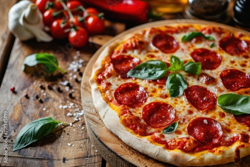 Italian pepperoni pizza with salami, mozzarella and basil on dark background. Pepperoni. Cheese Pull. Pepperoni Pizza on a Background with copyspace.