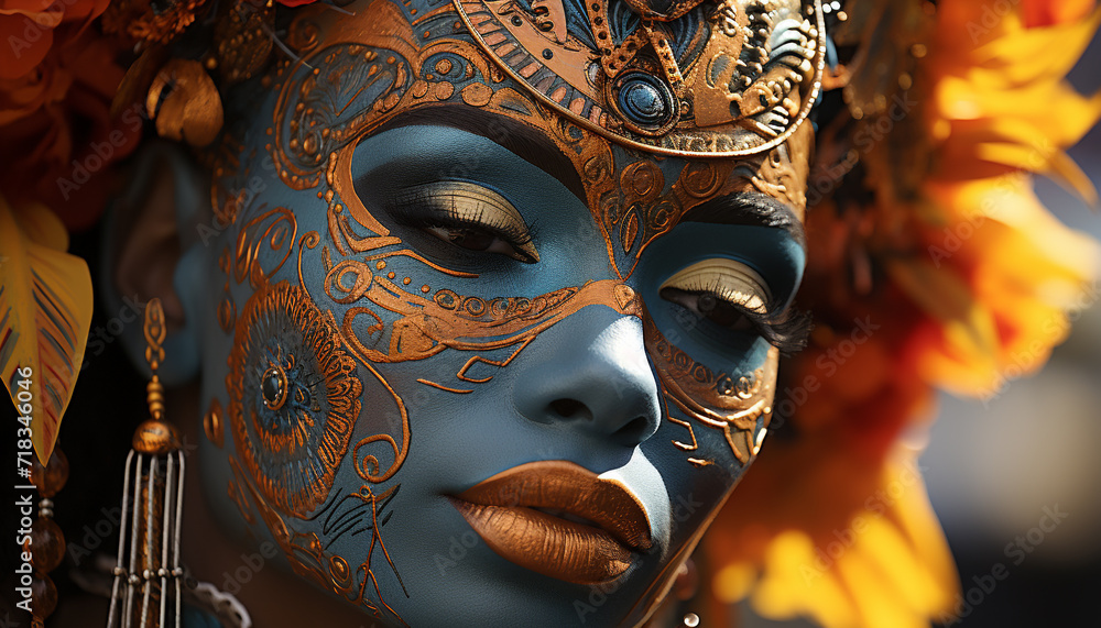 Beautiful woman in ornate mask exudes elegance generated by AI