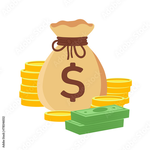 Money bag, dollar banknotes and coins on white background