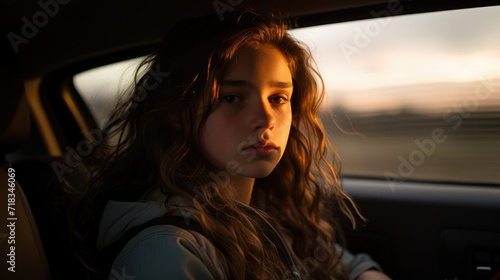 A compelling portrait photograph of a girl behind the wheel of a car during a serene evening, expertly capturing her poise and determination as the soft evening light highlights her features. © Игорь Зубченко
