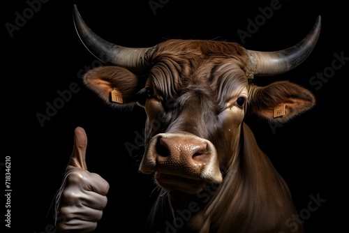 bull show thumb up sigh isolated on black background