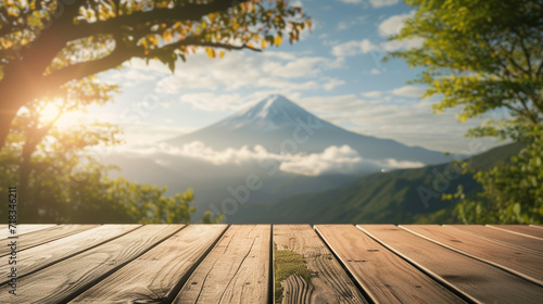 Empty Wooden table in Fuji mountain landscape in 3d png transparent for product presentation. Created using generative AI. photo