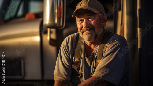 A striking portrait of a tough trucker in the soft, warm light of evening, highlighting his character and demeanor.