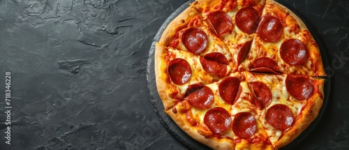 Pepperoni pizza on dark background. Top view  copy space. Pepperoni. Cheese Pull. Pepperoni Pizza on a Background with copyspace.