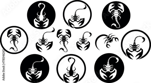 scorpion silhouettes icon. great set collection clip art animals Silhouette, Black insect vector illustration on white background. photo