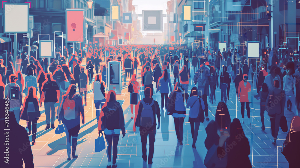 Urban crowd with facial recognition lines outdoor, blending technology and reality