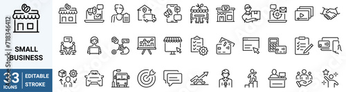Small business line web icons. growth. Shop, Cafe, Social media. Editable stroke.