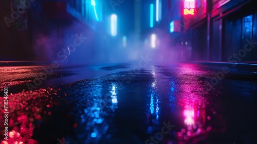 Wet Asphalt Reflection of Neon Lights at Night