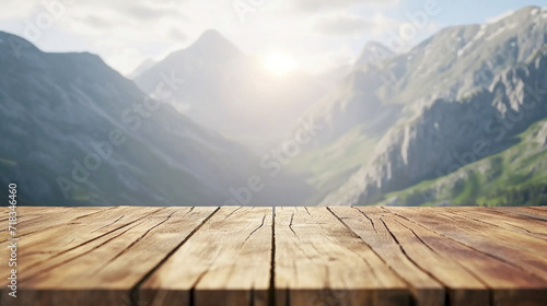 Empty Wooden table in mountain range landscape in 3d png transparent for product presentation. Created using generative AI. photo