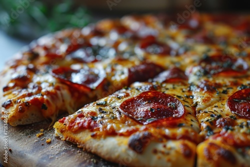 Italian pepperoni pizza with salami  mozzarella and basil on dark background. Pepperoni. Cheese Pull. Pepperoni Pizza on a Background with copyspace.