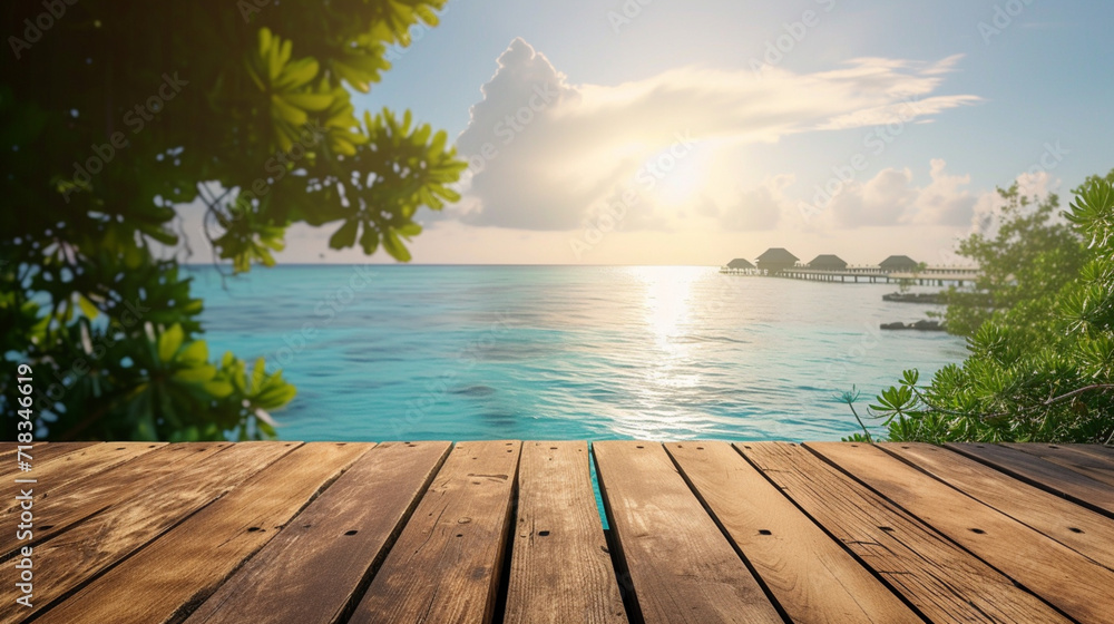 Fototapeta premium Blank Wooden table in maldives background front view in png no background for advertisement. Created using generative AI.