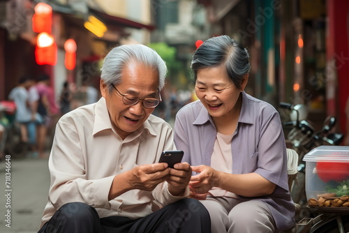 asian senior couple using mobile phones on city street