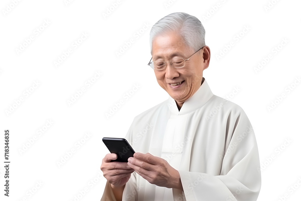 asian senior man holding mobile phone isolated on white background asian senior man holding mobile phone isolated on white background