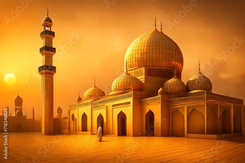 Imagine the crescent moon bathing a mosque in a warm golden light against an amber evening sky.