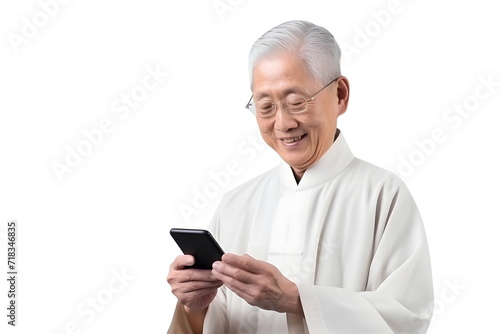 asian senior man holding mobile phone isolated on white background © dobok