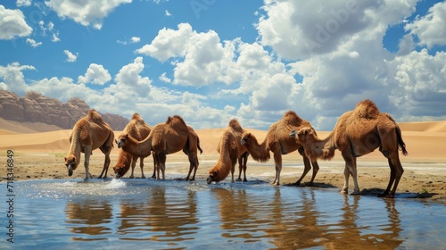 Camels drinking water in desert  