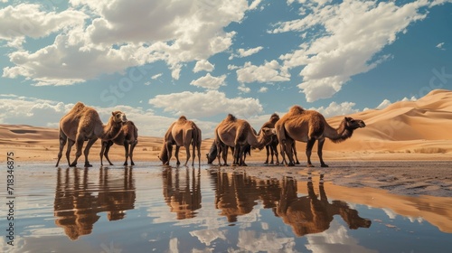 Camels drinking water in desert  