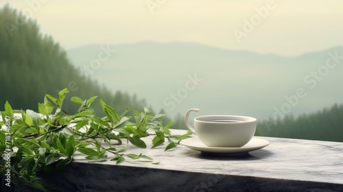  a cup and saucer sitting on a table with a view of a mountain range and a forest in the background.