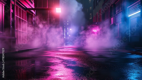 Wet Asphalt Reflection of Neon Lights at Night  