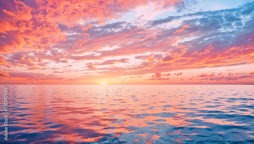 A vibrant sunset with a mix of orange pink and blue clouds reflecting on the ocean water