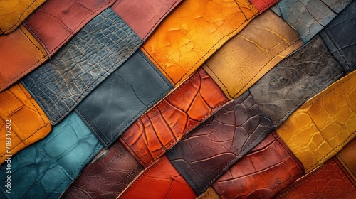 Background with colourful leather texture patches. Different sample pieces of natural or synthetic leather banner for fashion, footwear, furniture, accessories photo
