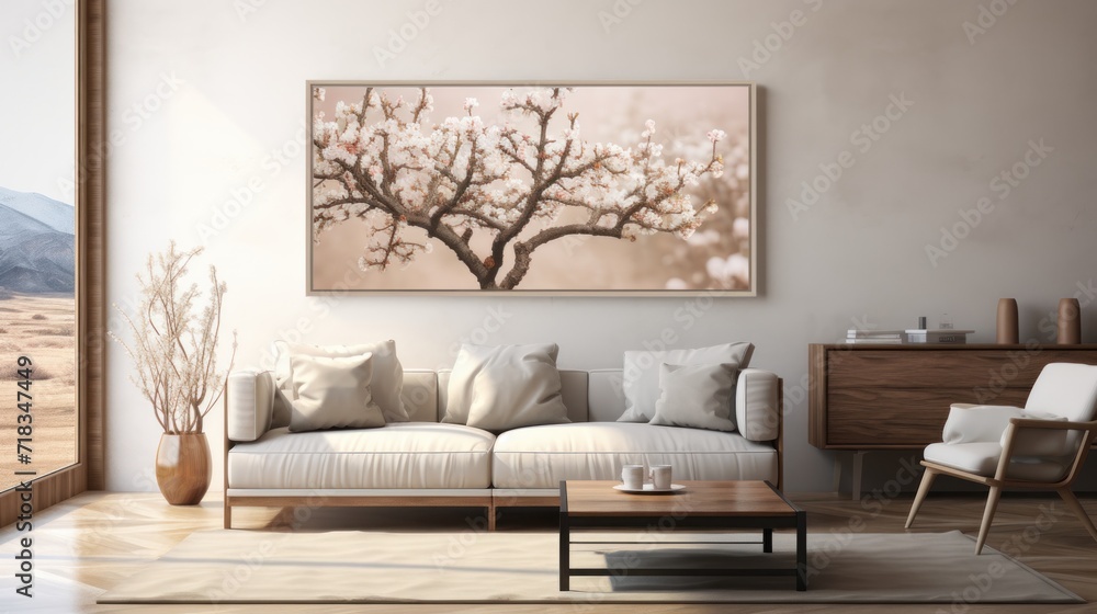 Fototapeta premium a living room with a couch, coffee table, and a painting of a blossoming tree on the wall.