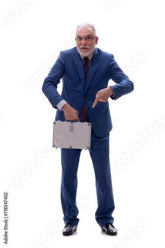 Old businessman holding case isolated on white