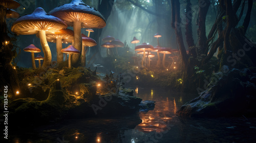An enchanted forest with towering, glowing mushrooms and ethereal creatures, capturing its magical and mysterious atmosphere.