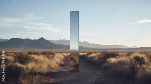 A photo of a modern milestone marker in a minimalist desert backdrop. The sleek marker with sharp lines contrasts boldly with the vast landscape, making a powerful statement.