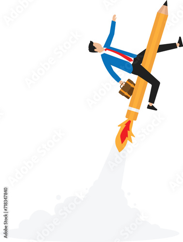 Leadership to lead the way to success. Businessman riding a pencil rocket concept, 