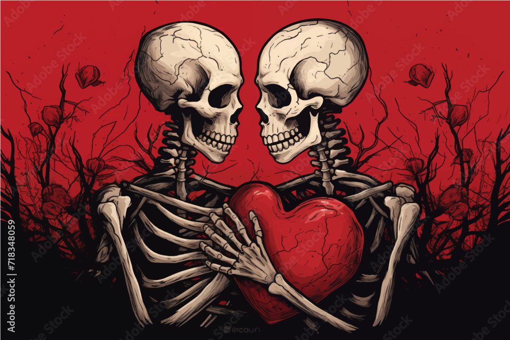 two skeletons in love hugging each other on the background of a pink heart with red roses, Valentine's Day postcard, Valentine's Day card, generative AI
