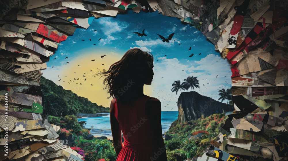 A striking photograph of a collage comprised of torn paper and magazine ...