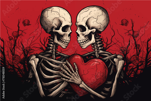 Obraz na płótnie two skeletons in love hugging each other on the background of a pink heart with red roses, Valentine's Day postcard, Valentine's Day card, generative AI w salonie